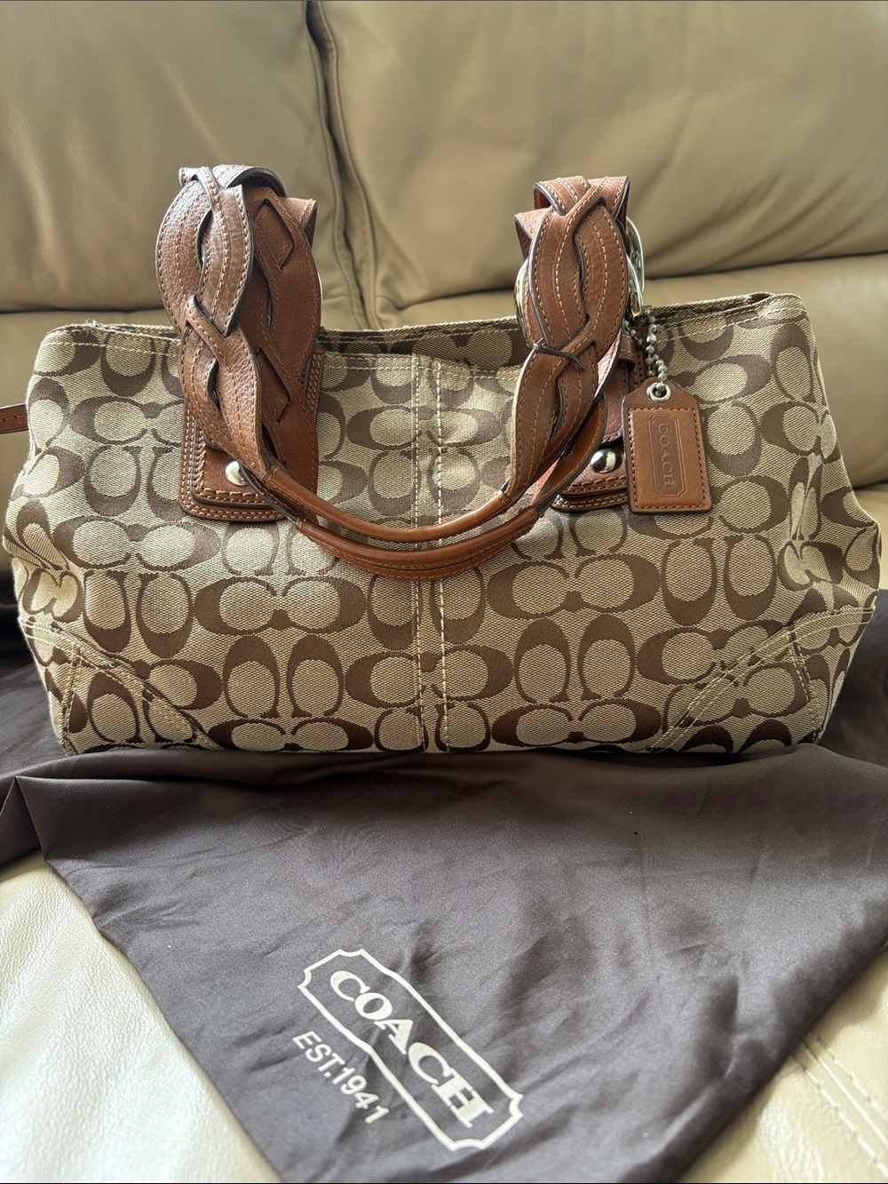 Coach Tan/Brown Signature Canvas Shoulder Tote with Braided Leather Handles Y2K